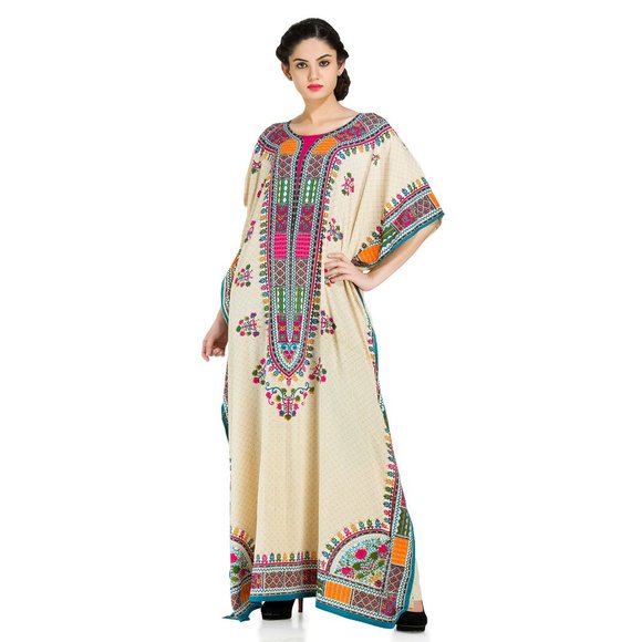 Tribal Print Beige Polyester Kaftan Dress Kimono Sleeve for Women By Gypsie Blu - Picture 1 of 6